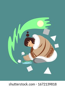 Vector illustration. The first snowdrop in the tundra.