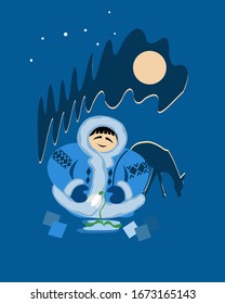 Vector illustration. The first snowdrop in the tundra.