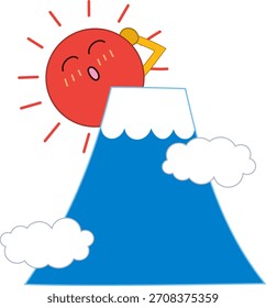 Una Ilustración vectorial del primer amanecer del año asomándose tímidamente desde detrás del Monte Fuji en la mañana del Día del Año Nuevo