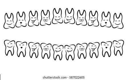 Vector illustration of the first twenty baby teeth. Black and white