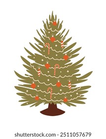 Vector illustration of fir-tree in cartoon style. Decorated Christmas tree with balls and garland. New Year and Merry Christmas greeting card, poster, postcard, sticker. Flat Design.