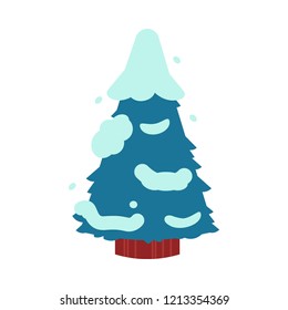 Vector illustration of fir-tree covered with snow in flat style. Winter decorative element of forest or park snowy spruce isolated on white background for seasonal natural design.