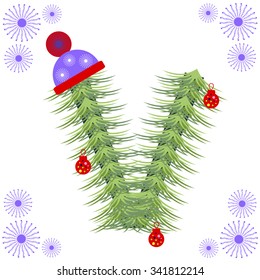 Vector illustration of fir-tree font. Winter alphabet letter. Green stylized figure with Christmas decorations, cap and snowflakes. Series of Letters, Numbers and Symbols.