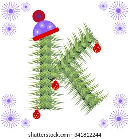 Vector illustration of fir-tree font. Winter alphabet letter. Green stylized figure with Christmas decorations, cap and snowflakes. Series of Letters, Numbers and Symbols.