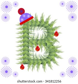 Vector illustration of fir-tree font. Winter alphabet letter. Green stylized figure with Christmas decorations, cap and snowflakes. Series of Letters, Numbers and Symbols.
