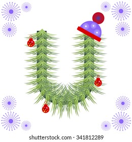 Vector illustration of fir-tree font. Winter alphabet letter. Green stylized figure with Christmas decorations, cap and snowflakes. Series of Letters, Numbers and Symbols.