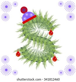 Vector illustration of fir-tree font. Winter alphabet letter. Green stylized figure with Christmas decorations, cap and snowflakes. Series of Letters, Numbers and Symbols.