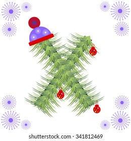 Vector illustration of fir-tree font. Winter alphabet letter. Green stylized figure with Christmas decorations, cap and snowflakes. Series of Letters, Numbers and Symbols.