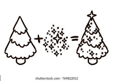 Vector illustration of fir-tree plus decoration is equal to a Christmas tree, black and white