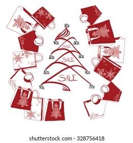 Vector illustration of fir-tree with purchases. Christmas sale.