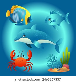 Vector illustration of fish and algae in flat style