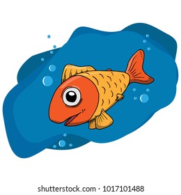 Vector illustration of fish with bubbles. Cute cartoon fish. Orange fish on the background of the sea. Hand drawn.