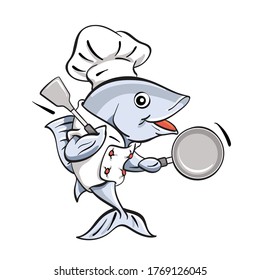 Vector illustration of a fish chef holding a frying pan and a spatula