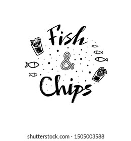 Vector illustration of fish and chips lettering for banner, leaflet, poster, clothes, logo, advertisement design. Handwritten text for template, signage, billboard, print, menu, flyer, café decoration