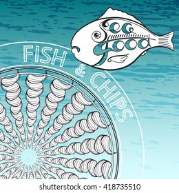  Vector illustration Fish and Chips on  aquamarine background.