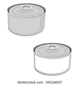 Vector illustration fish conserve with white label. Tin can. Blank aluminum can. Can of tuna fish