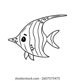 Vector illustration of a fish. Contoured black and white vector illustration of a fish isolated on a white background. It can be used in coloring book, web design, marine illustration, mascot.