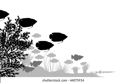Vector illustration of fish and coral silhouettes
