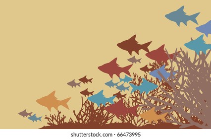 Vector illustration of fish and coral silhouettes