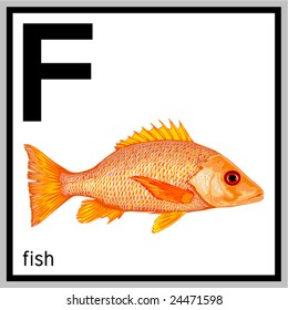 Vector illustration of fish and english letter "F". Does not contain any effects like gradients, blends and so on. File format EPS (AI8 compatible).