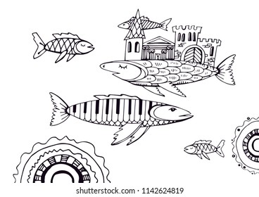 vector illustration with fish, fantastic fish, fish-house and musical fish