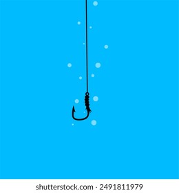 Vector illustration of fish fishing hook on blue sea background with water bubbles. Fish trap concept in the sea.