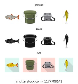 Vector illustration of fish and fishing icon. Collection of fish and equipment stock symbol for web.