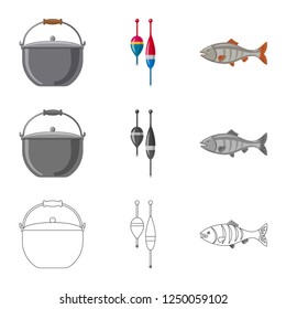 Vector illustration of fish and fishing icon. Collection of fish and equipment vector illustration.