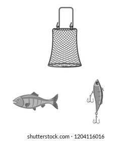 Vector illustration of fish and fishing logo. Set of fish and equipment stock symbol for web.