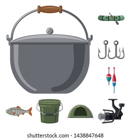 Vector illustration of fish and fishing logo. Collection of fish and equipment stock vector illustration.