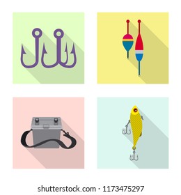 Vector illustration of fish and fishing sign. Set of fish and equipment stock symbol for web.