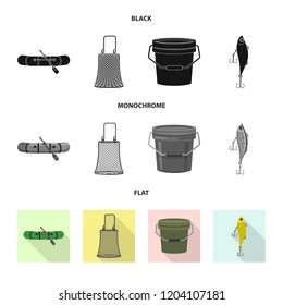 Vector illustration of fish and fishing sign. Set of fish and equipment stock symbol for web.