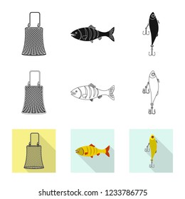 Vector illustration of fish and fishing sign. Collection of fish and equipment stock vector illustration.