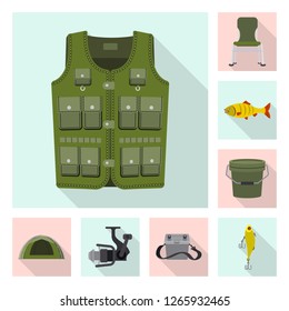 Vector illustration of fish and fishing sign. Set of fish and equipment stock symbol for web.