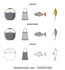 Vector illustration of fish and fishing sign. Collection of fish and equipment vector icon for stock.