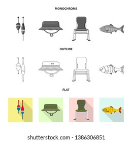 Vector illustration of fish and fishing sign. Set of fish and equipment stock symbol for web.