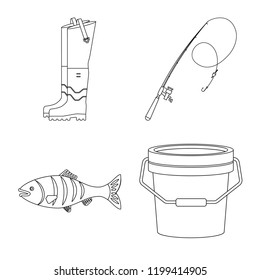 Vector illustration of fish and fishing symbol. Collection of fish and equipment stock symbol for web.
