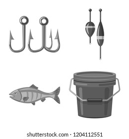 Vector illustration of fish and fishing symbol. Set of fish and equipment stock symbol for web.