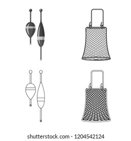 Vector illustration of fish and fishing symbol. Set of fish and equipment stock symbol for web.