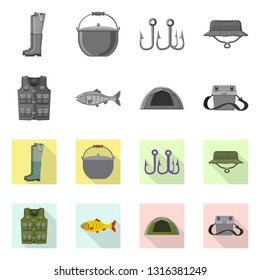 Vector illustration of fish and fishing symbol. Set of fish and equipment vector icon for stock.