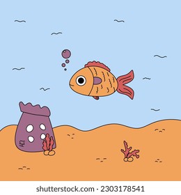 Ilustración vectorial de los peces de estilo plano. El pescado en el mar.