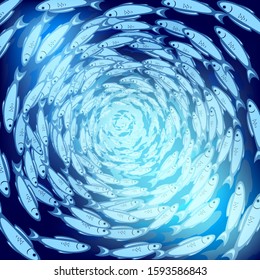 Vector illustration of fish a flock of herring under water swimming in circles