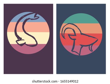 Vector Illustration of Fish and Goat Animal Poster with Vintage Colors and Background. This is Perfect for Card, Decoration, and Layout.