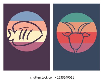 Vector Illustration of Fish and Goat Animal Poster with Vintage Colors and Background. This is Perfect for Card, Decoration, and Layout.
