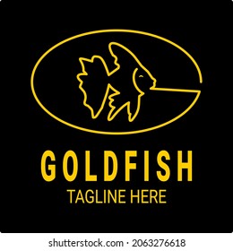 Vector illustration of fish with gold colored line style isolated on black background. Logo with G letter