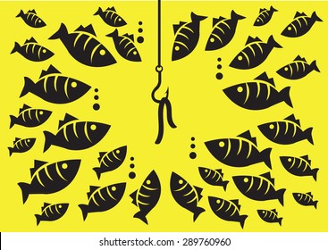 Vector illustration fish hook with bait attracted many fishes of different sizes under the sea isolated on yellow background.