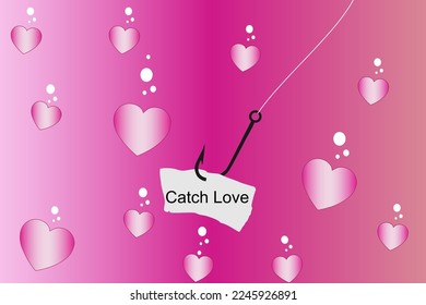 Vector illustration of a fish hook with a bunch of hearts surrounding it, love is all around us, catch love