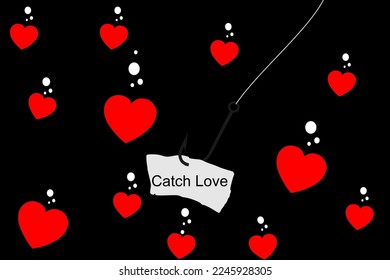 Vector illustration of a fish hook with a bunch of hearts surrounding it, love is all around us, catch love