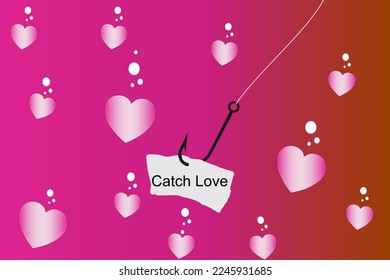 Vector illustration of a fish hook with a bunch of hearts surrounding it, love is all around us, catch love