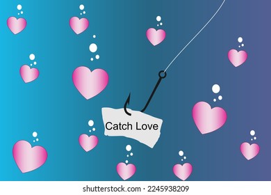 Vector illustration of a fish hook with a bunch of hearts surrounding it, love is all around us, catch love